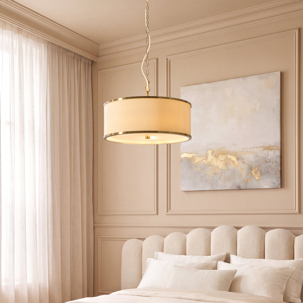 Endon Lexi 3 Light Pendant - Ivory Fabric, Brushed Aged Brass & Frosted Glass