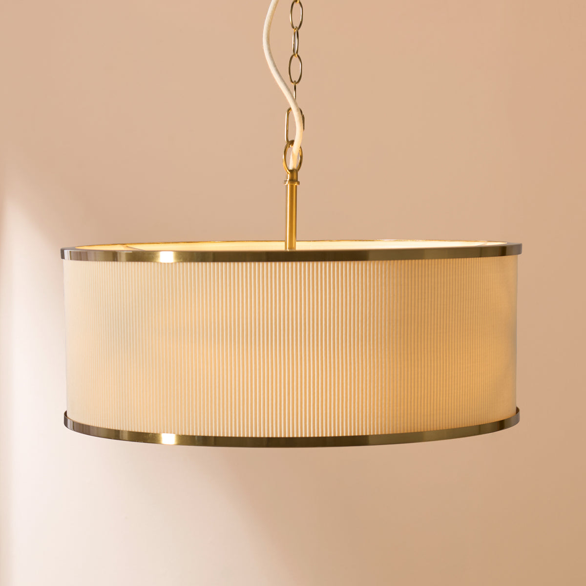 Endon Lexi 3 Light Pendant - Ivory Fabric, Brushed Aged Brass & Frosted Glass