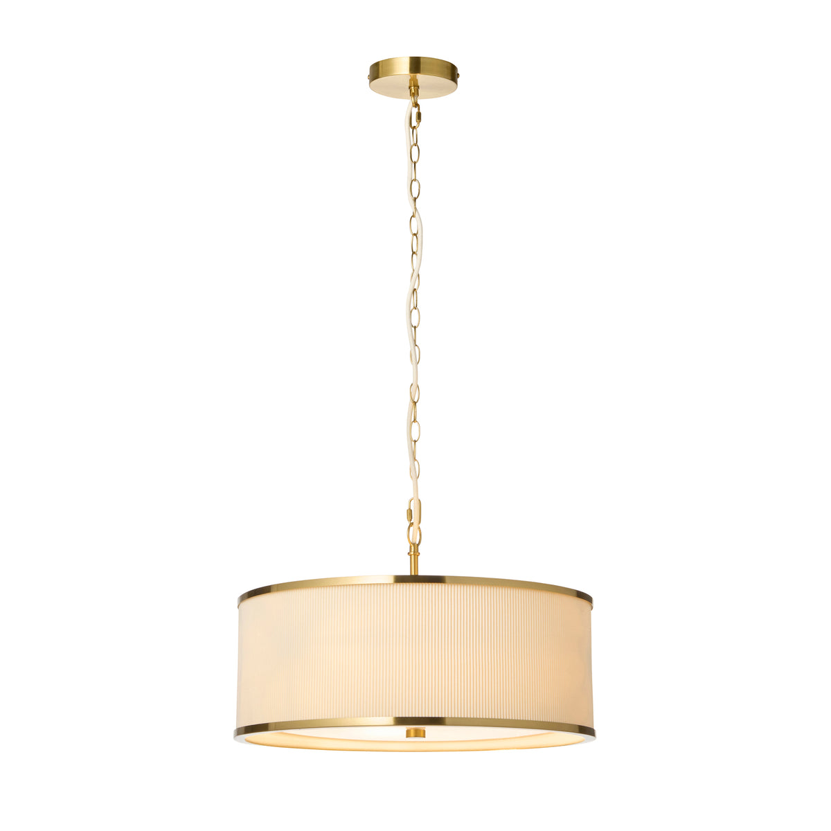 Endon Lexi 3 Light Pendant - Ivory Fabric, Brushed Aged Brass & Frosted Glass