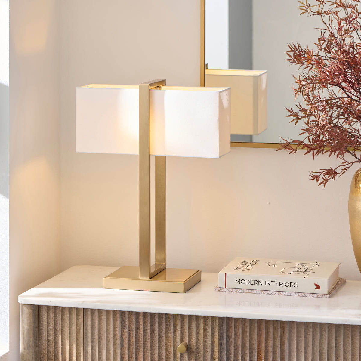 Endon Seattle Table Light - Brushed Aged Brass Plate & Ivory Cotton Mix