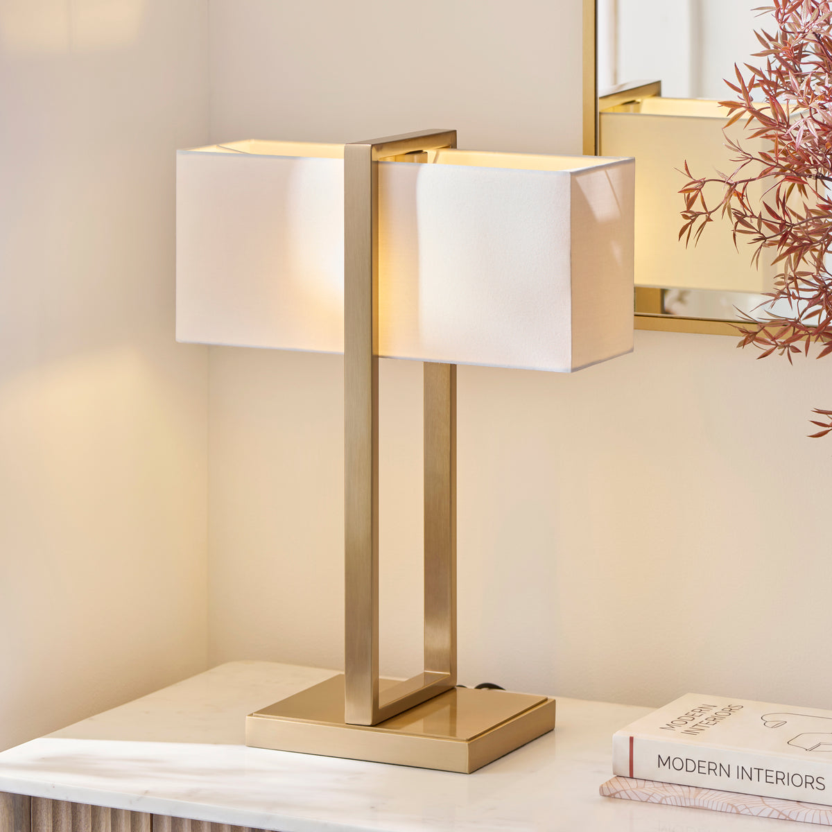 Endon Seattle Table Light - Brushed Aged Brass Plate & Ivory Cotton Mix