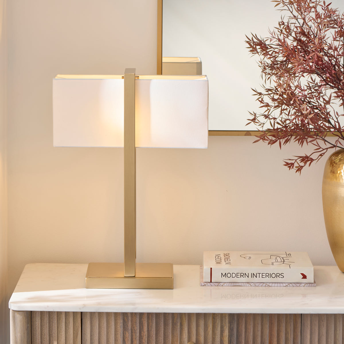 Endon Seattle Table Light - Brushed Aged Brass Plate & Ivory Cotton Mix