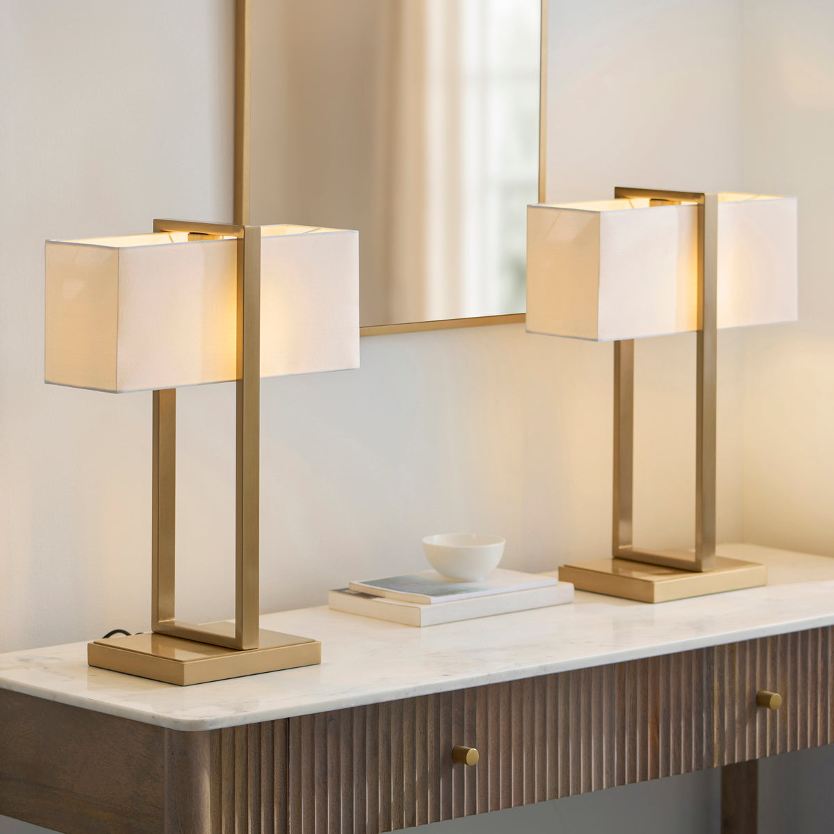 Endon Seattle Table Light - Brushed Aged Brass Plate & Ivory Cotton Mix