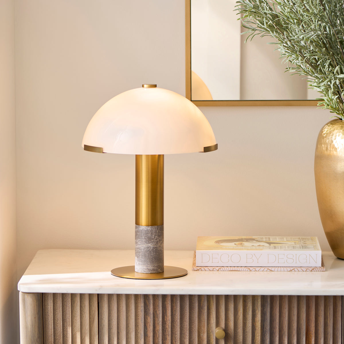 Endon Hansel Table Light - Warm Brass Plate, Grey Marble & Opal Glass