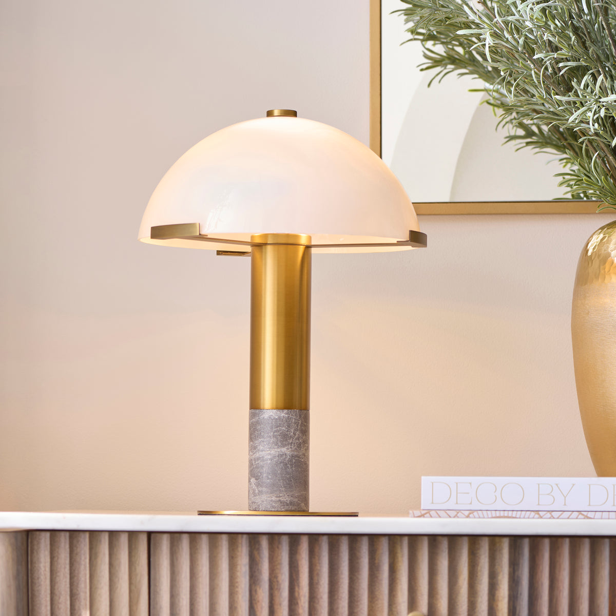 Endon Hansel Table Light - Warm Brass Plate, Grey Marble & Opal Glass