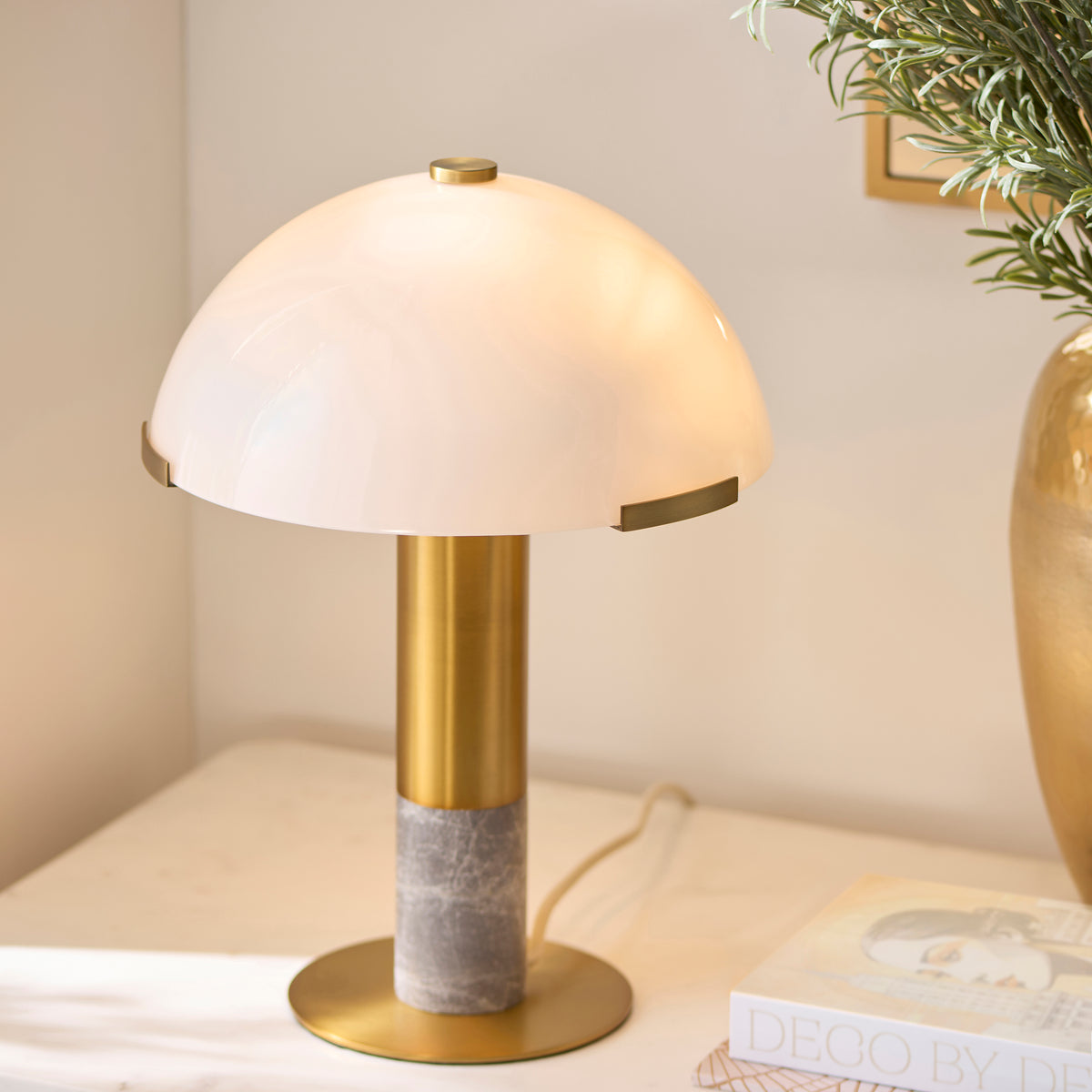 Endon Hansel Table Light - Warm Brass Plate, Grey Marble & Opal Glass