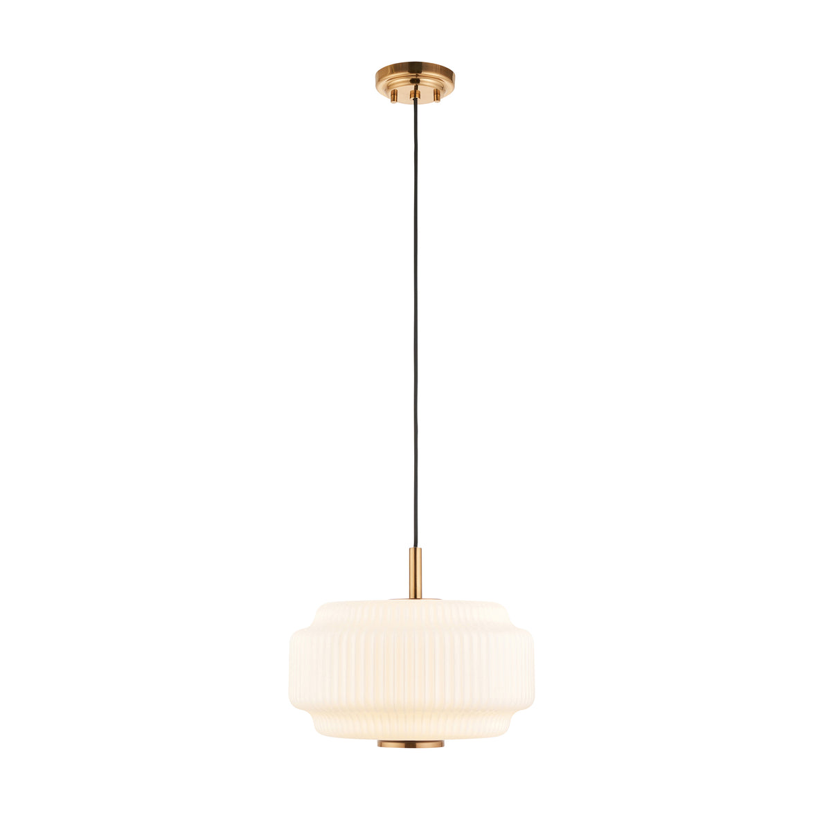 Endon Evora 34cm Pendant - Brushed Aged Brass Plate & Opal Ribbed Glass