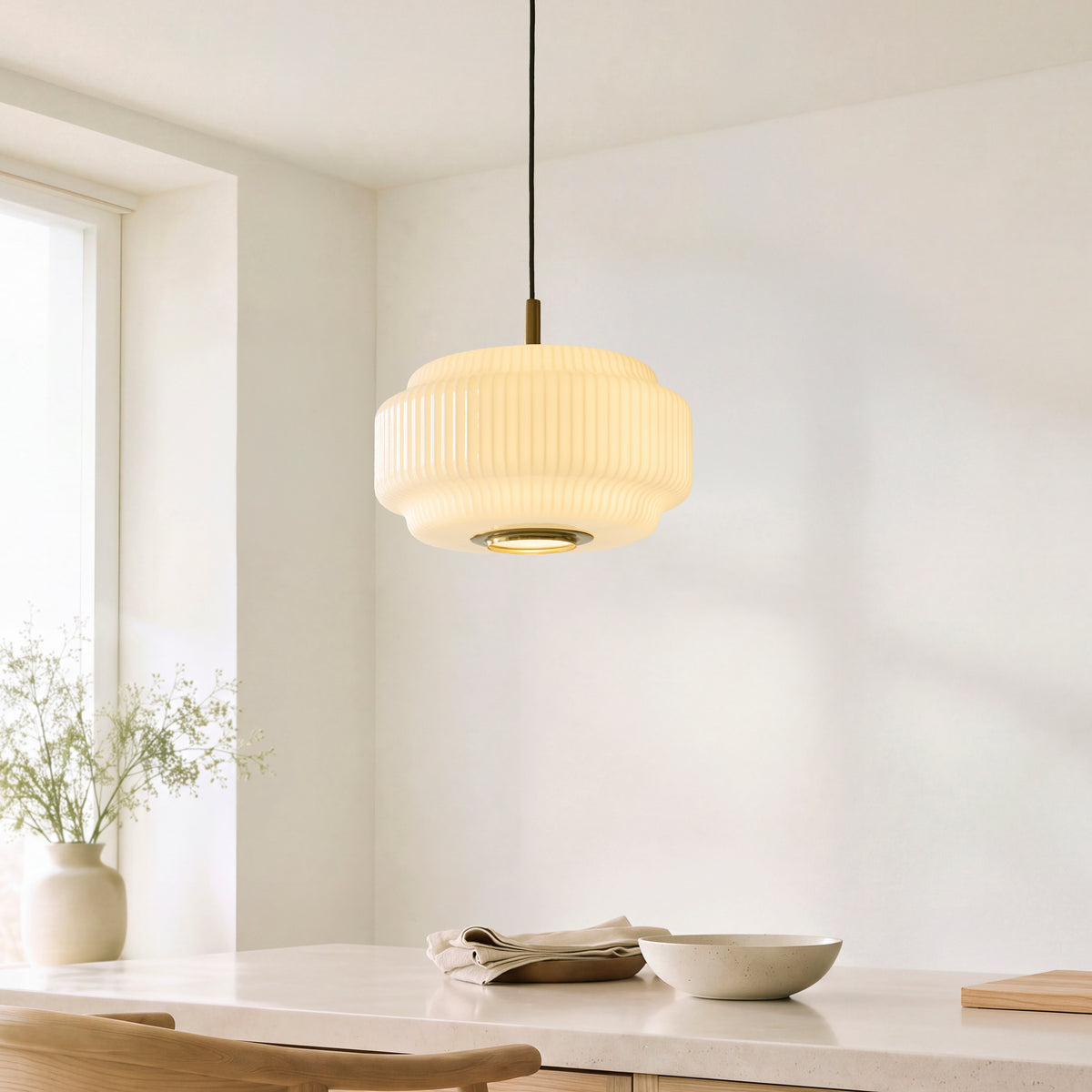 Endon Evora 34cm Pendant - Brushed Aged Brass Plate & Opal Ribbed Glass