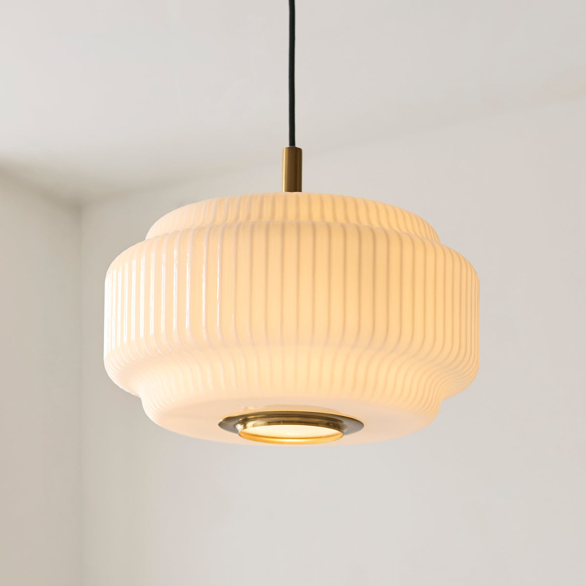 Endon Evora 34cm Pendant - Brushed Aged Brass Plate & Opal Ribbed Glass