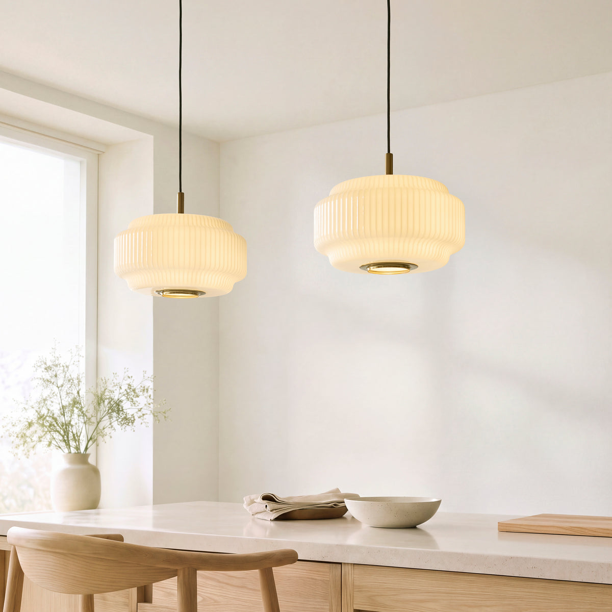 Endon Evora 34cm Pendant - Brushed Aged Brass Plate & Opal Ribbed Glass