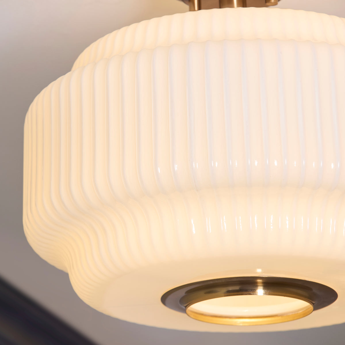 Endon Evora Flush - Brushed Aged Brass Plate & Opal Ribbed Glass