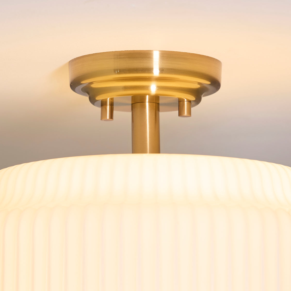 Endon Evora Flush - Brushed Aged Brass Plate & Opal Ribbed Glass