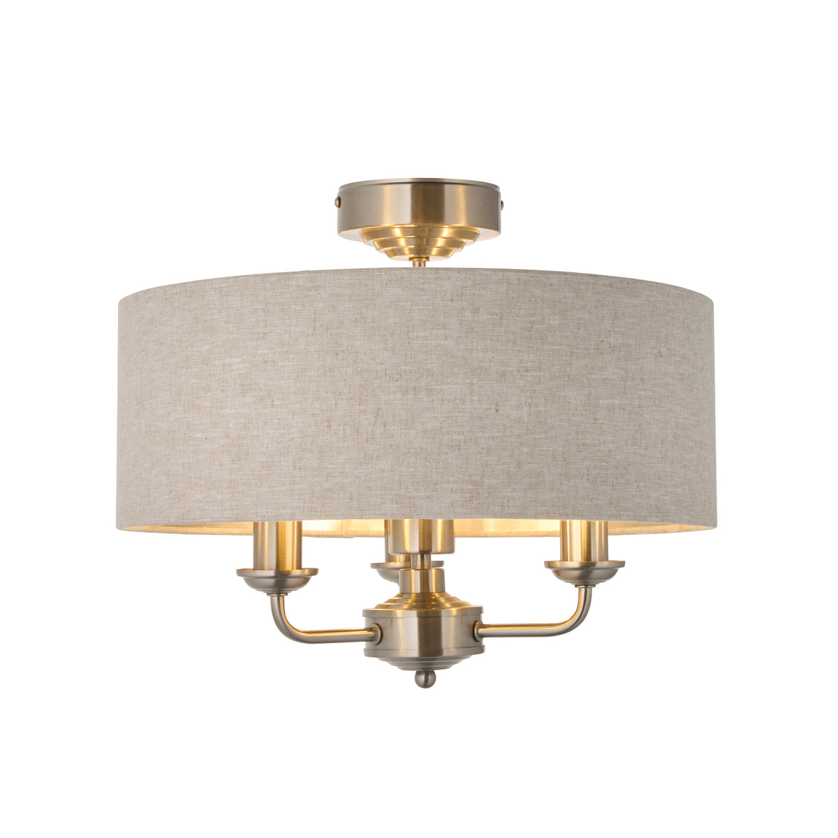 Endon Highclere 3 Light Flush - Brushed Chrome Plate & Natural Fabric