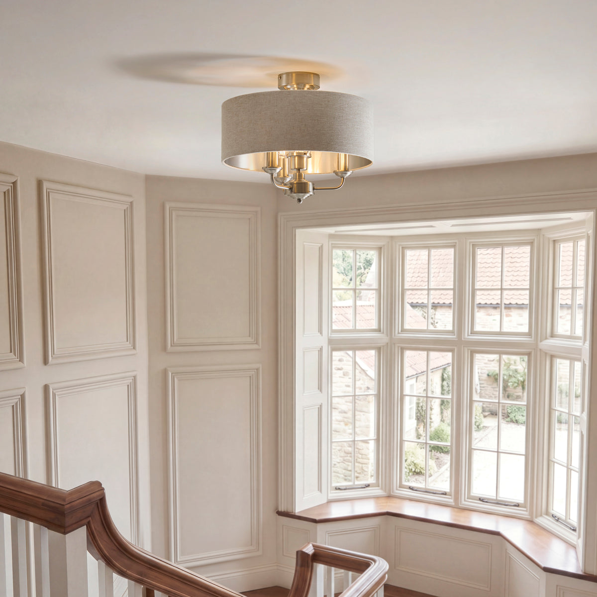 Endon Highclere 3 Light Flush - Brushed Chrome Plate & Natural Fabric