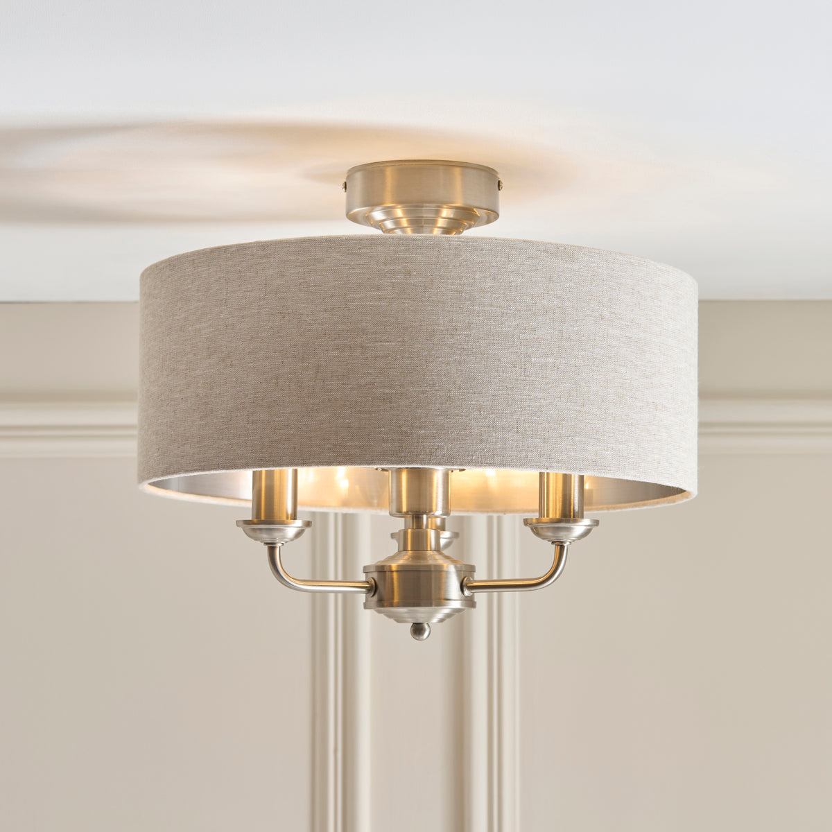 Endon Highclere 3 Light Flush - Brushed Chrome Plate & Natural Fabric