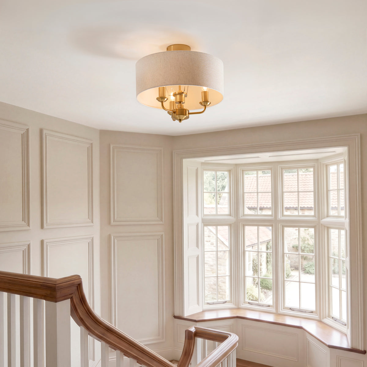 Endon Highclere 3 Light Flush - Vintage Brass & Natural Linen
