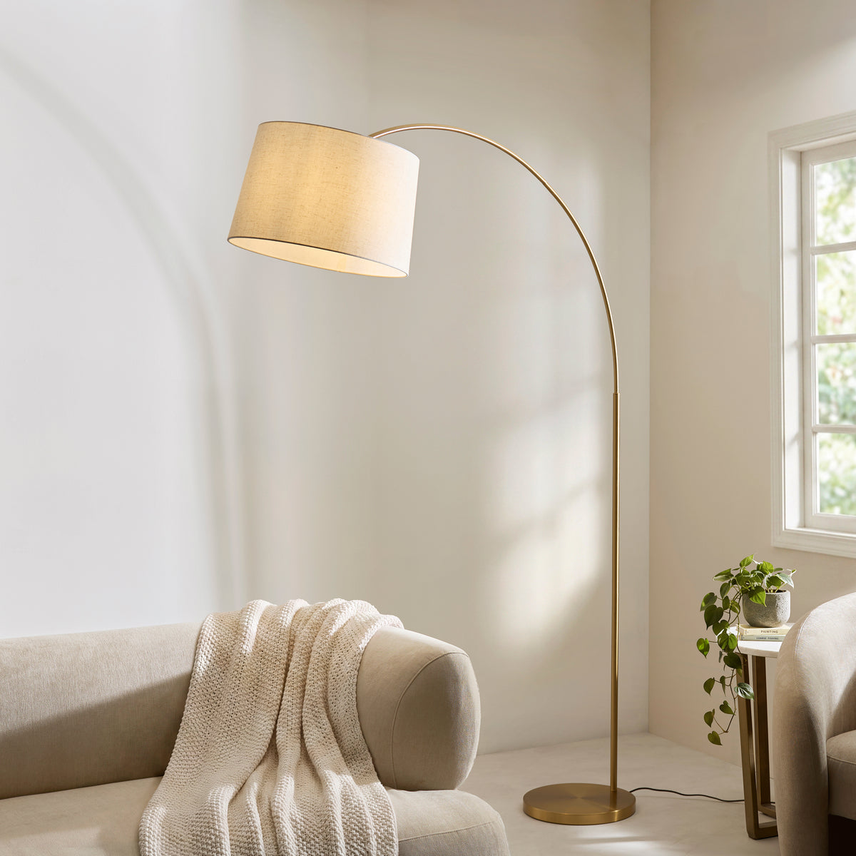 Endon Carlson XL Floor Light - Warm Brass Plate & Natural Fabric