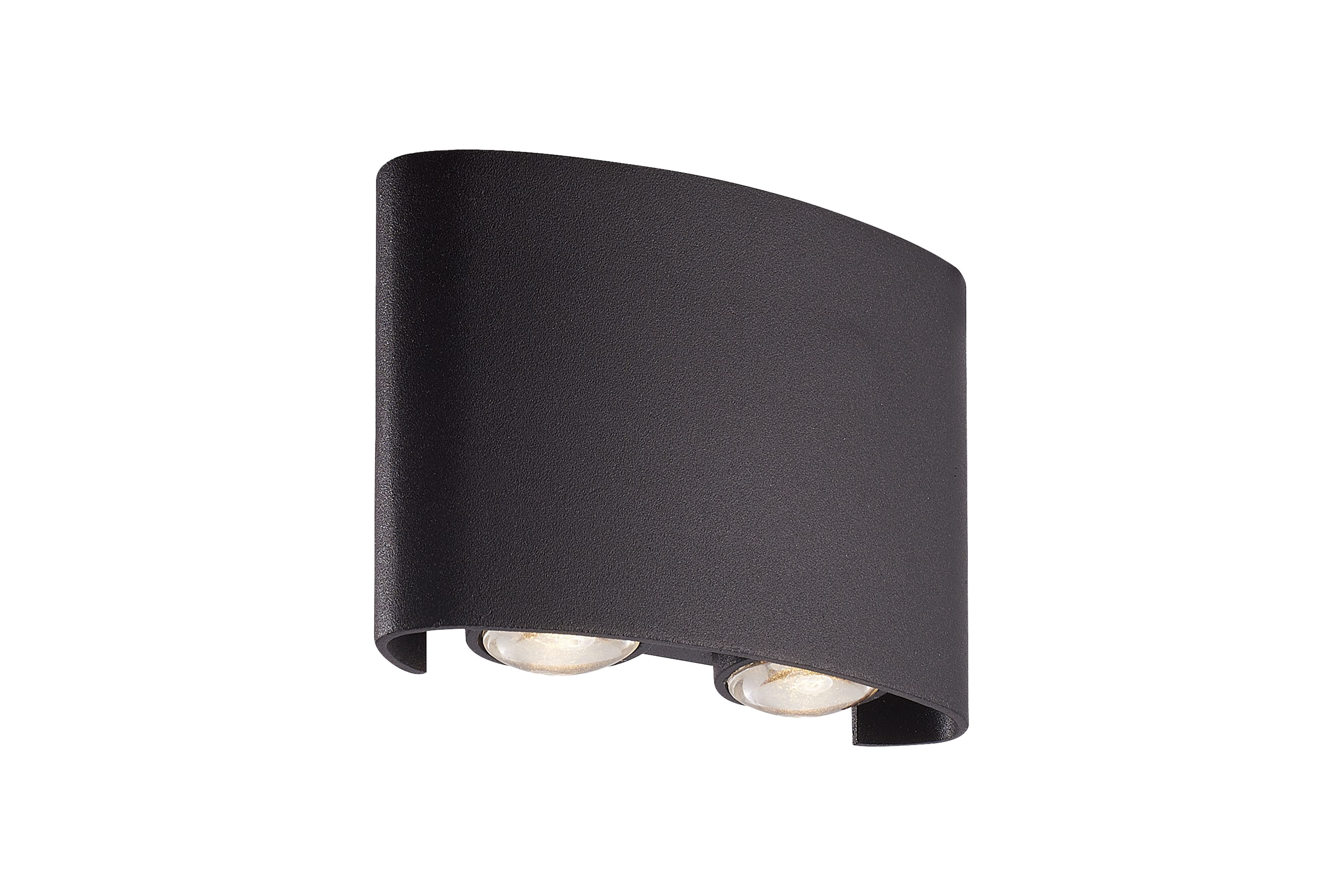 Searchlight Shadows LED outdoor wall light in black aluminium, angled studio shot showing the curved body and two integrated LED lens apertures at the base