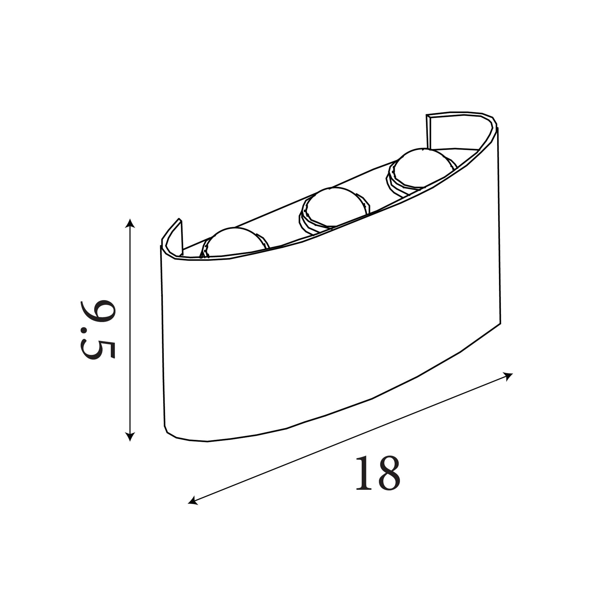 Technical line drawing of the Shadows LED outdoor wall light 18cm showing dimensions of 9.5cm height by 18cm width