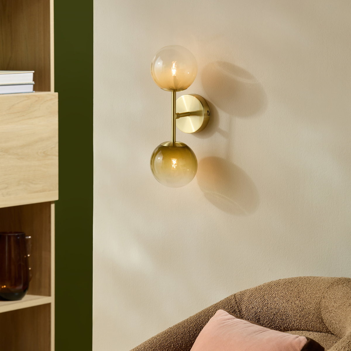 MADE.COM Globe Wall Light in Brushed Brass with Green Ombre Glass Globes