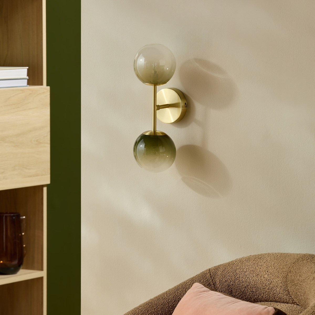 MADE.COM Globe Wall Light in Brushed Brass with Green Ombre Glass Globes