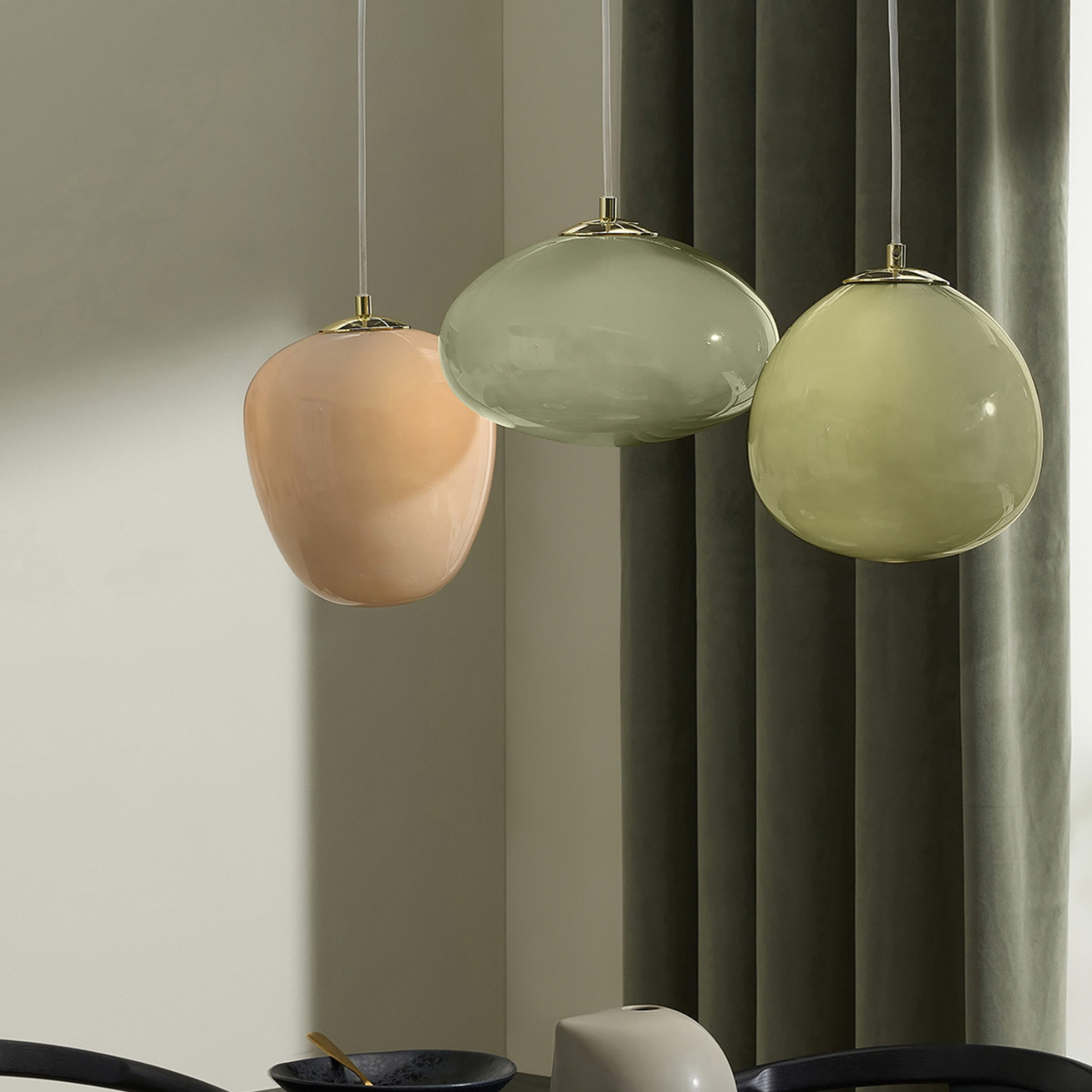 MADE.COM Adrianne Linear Pendant in Matt White with Green Glass Shades
