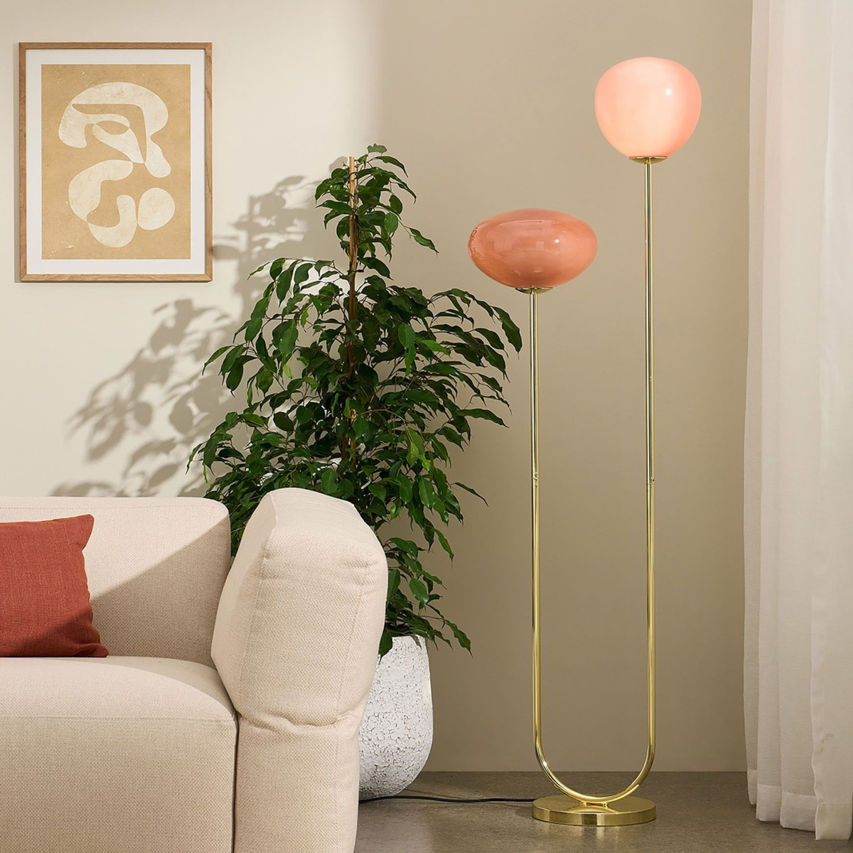 MADE.COM Adrianne Floor Lamp in Polished Brass with Pink Tinted Glass Shades
