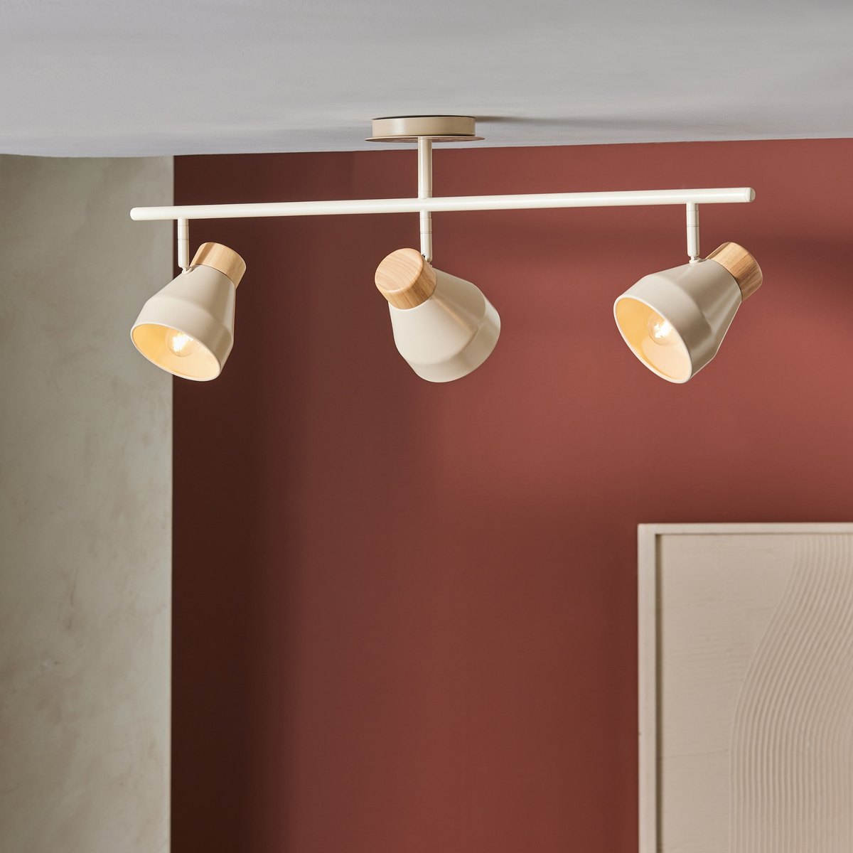 MADE.COM Albert 3 Light Linear Pendant in Cream with Natural Wood Detail