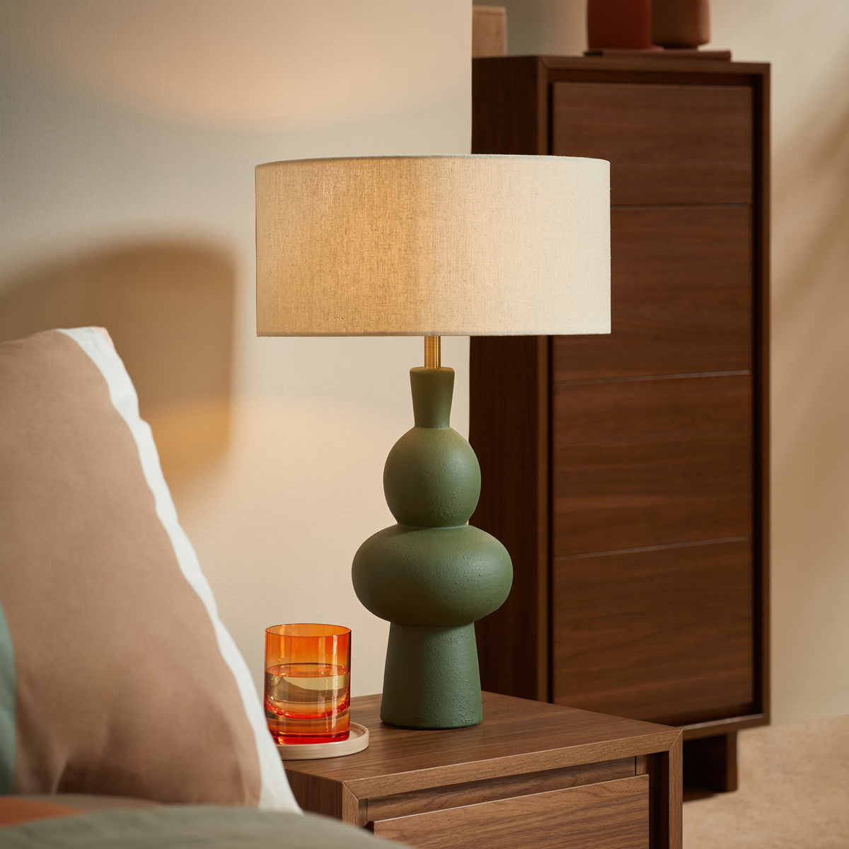 MADE.COM Freyja Ceramic Table Lamp in Green with Cream Fabric Shade
