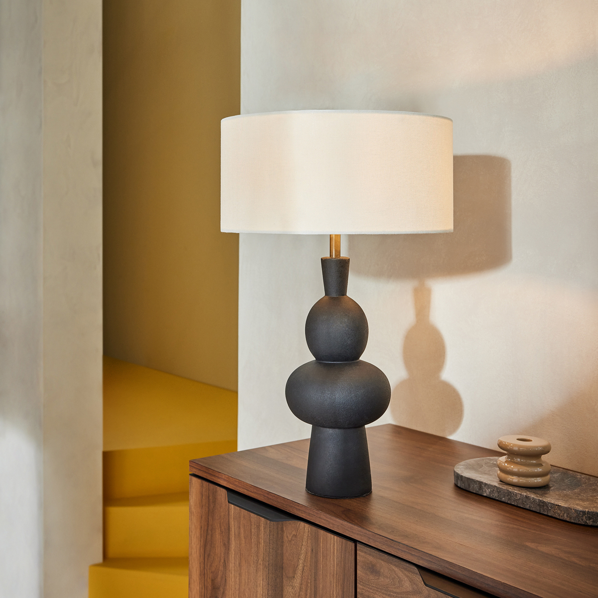 MADE.COM Freyja Ceramic Table Lamp in Black with Cream Fabric Shade