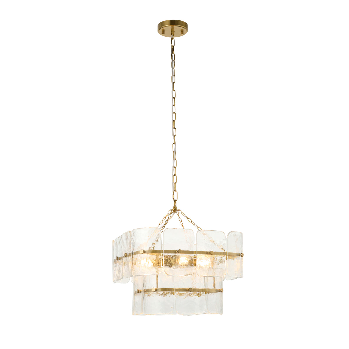 Endon Venice 4 Light Pendant - Brushed Aged Brass Plate & Clear Handmade Textured Glass
