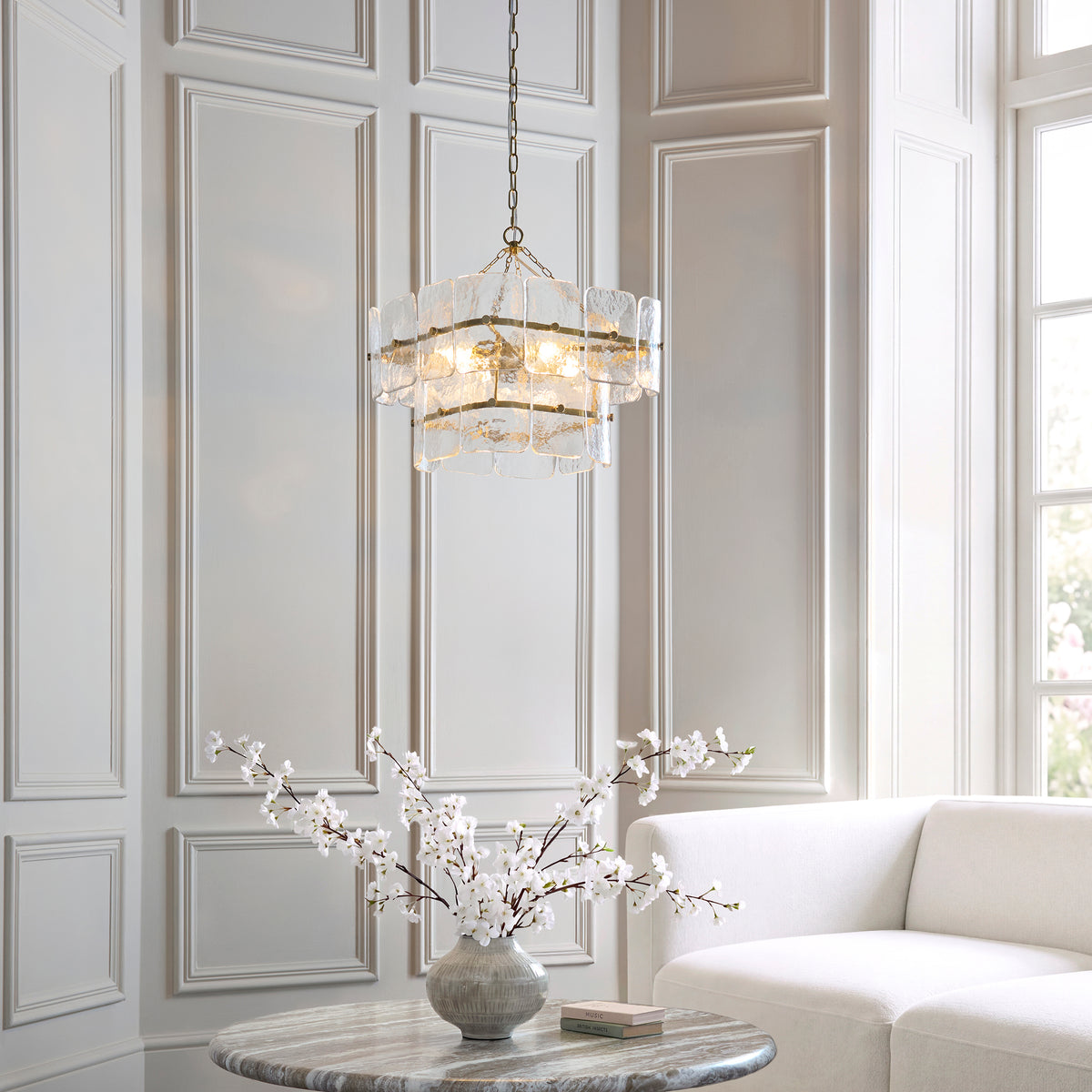 Endon Venice 4 Light Pendant - Brushed Aged Brass Plate & Clear Handmade Textured Glass