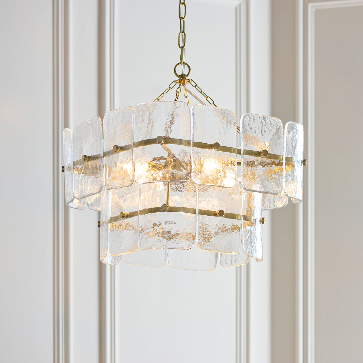 Endon Venice 4 Light Pendant - Brushed Aged Brass Plate & Clear Handmade Textured Glass