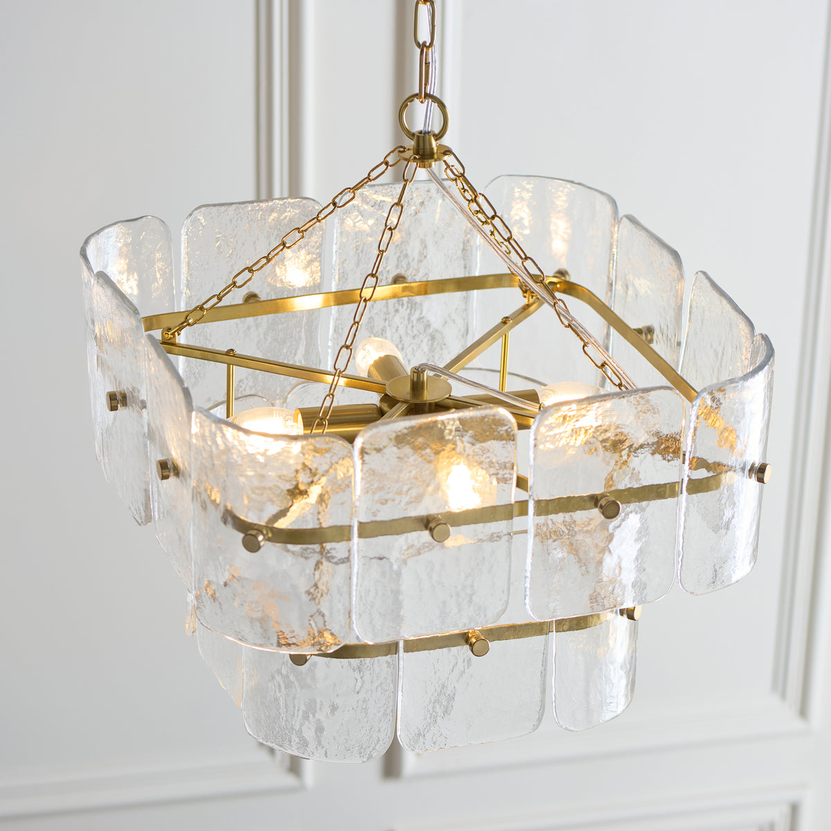 Endon Venice 4 Light Pendant - Brushed Aged Brass Plate & Clear Handmade Textured Glass