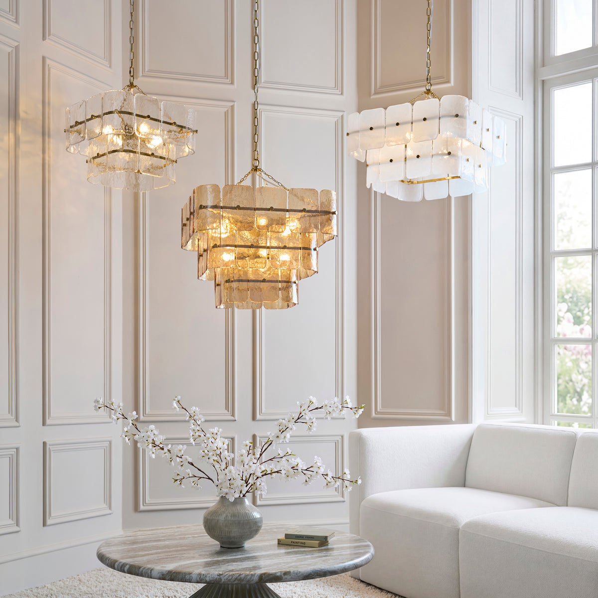 Endon Venice 4 Light Pendant - Brushed Aged Brass Plate & Clear Handmade Textured Glass