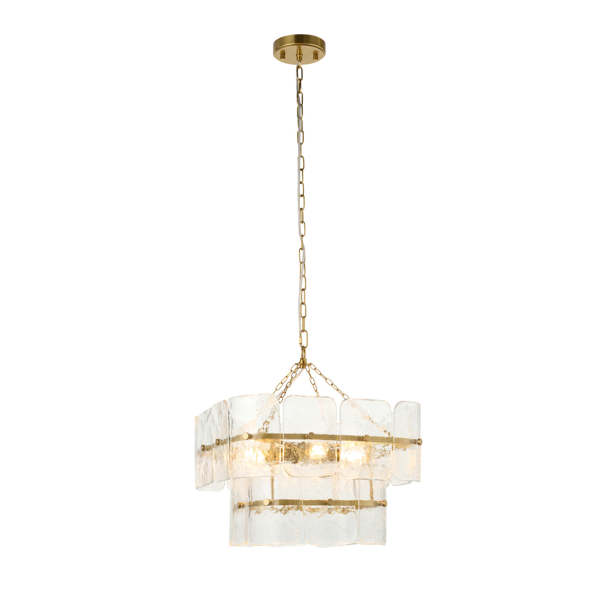 Endon Venice 4 Light Pendant - Brushed Aged Brass Plate & Clear Handmade Textured Glass