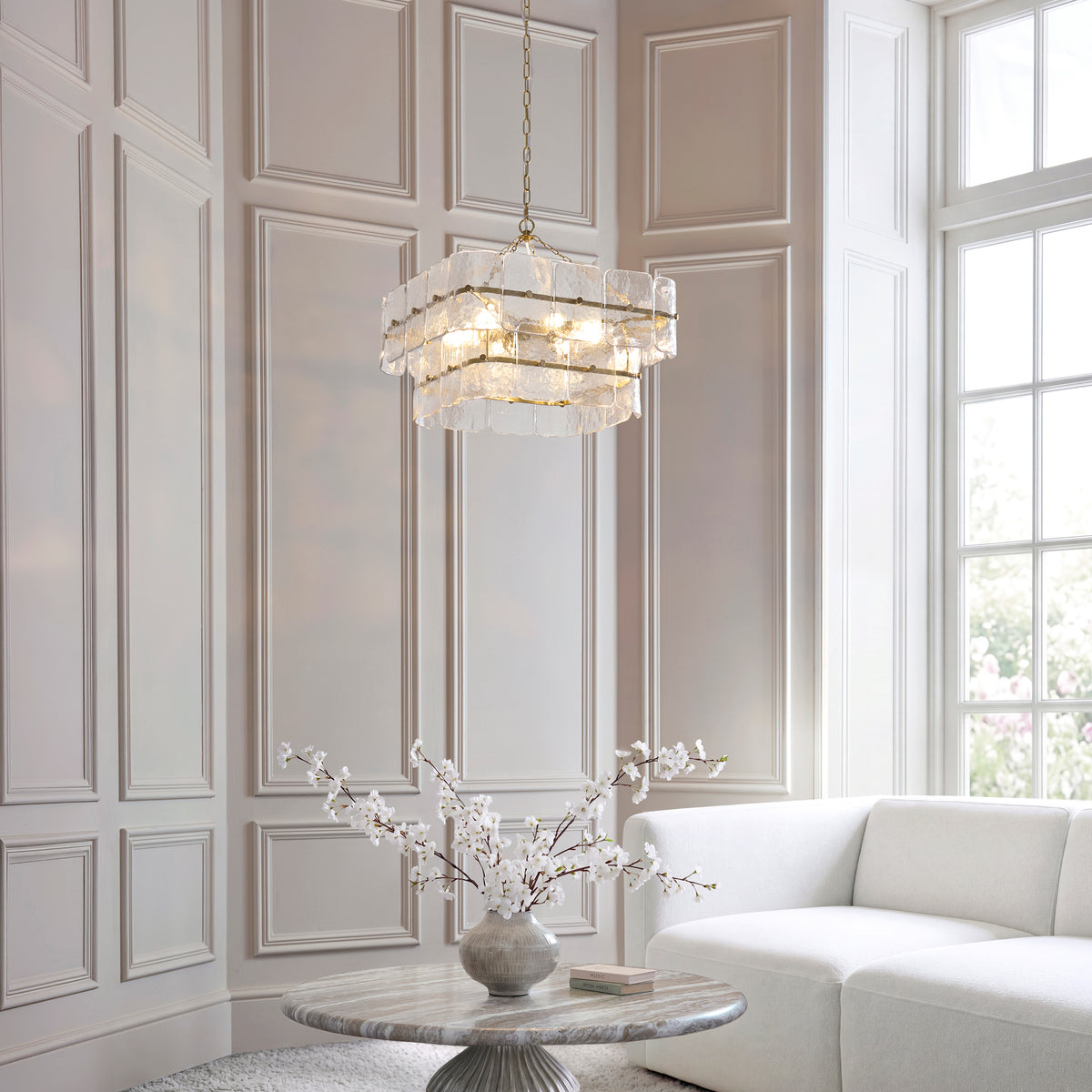 Endon Venice 6 Light Pendant - Brushed Aged Brass Plate & Clear Handmade Textured Glass