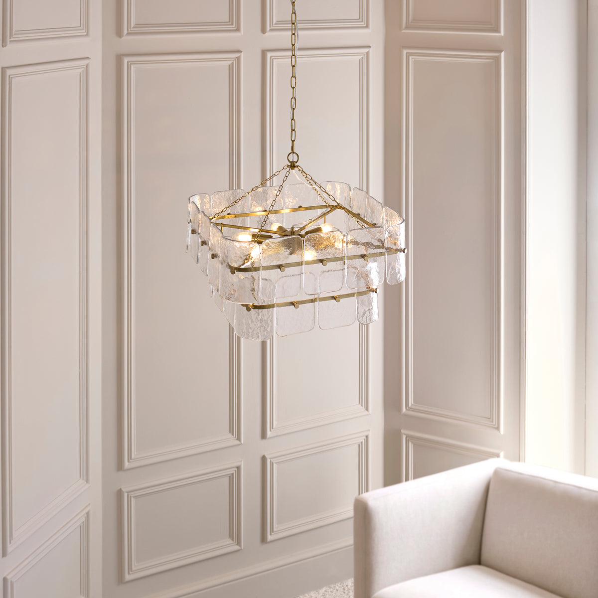 Endon Venice 6 Light Pendant - Brushed Aged Brass Plate & Clear Handmade Textured Glass