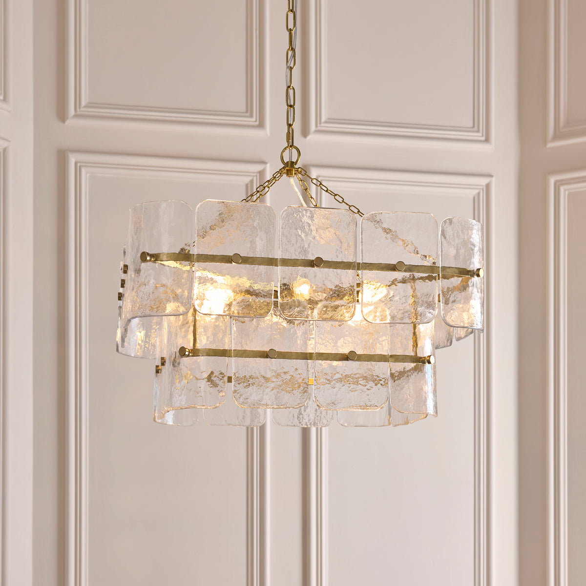 Endon Venice 6 Light Pendant - Brushed Aged Brass Plate & Clear Handmade Textured Glass
