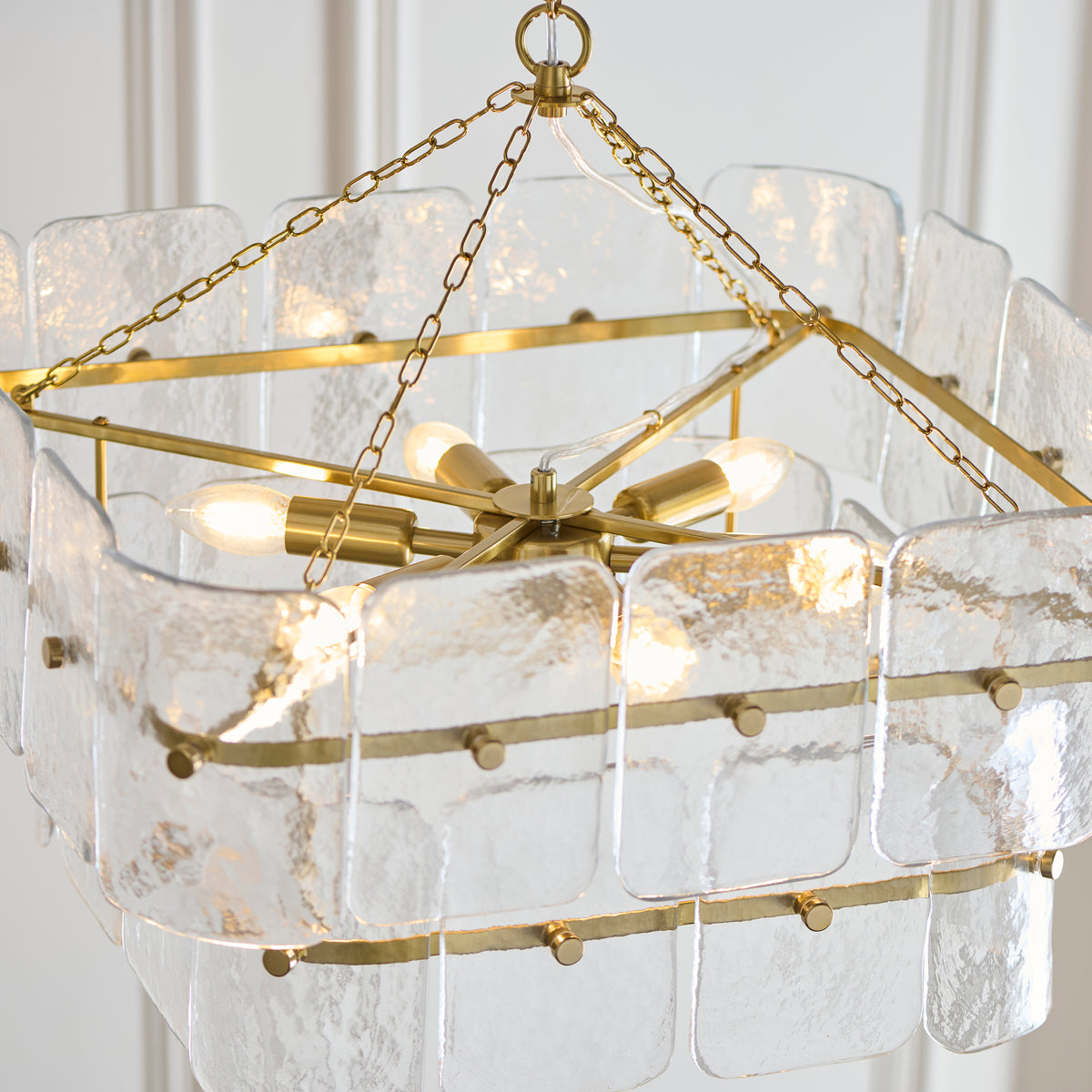 Endon Venice 6 Light Pendant - Brushed Aged Brass Plate & Clear Handmade Textured Glass