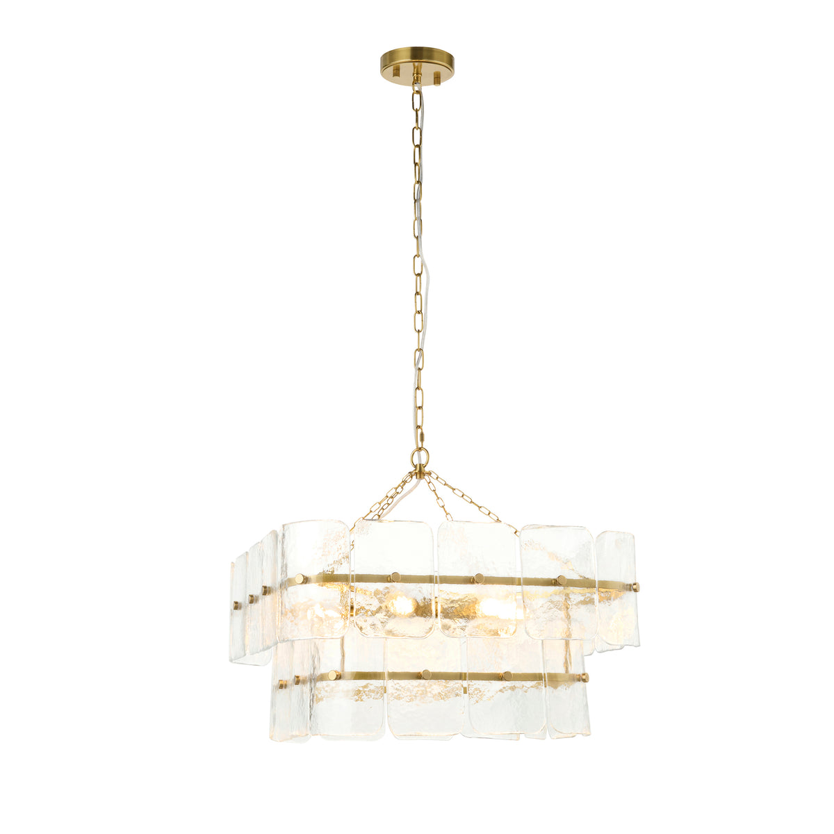 Endon Venice 6 Light Pendant - Brushed Aged Brass Plate & Clear Handmade Textured Glass