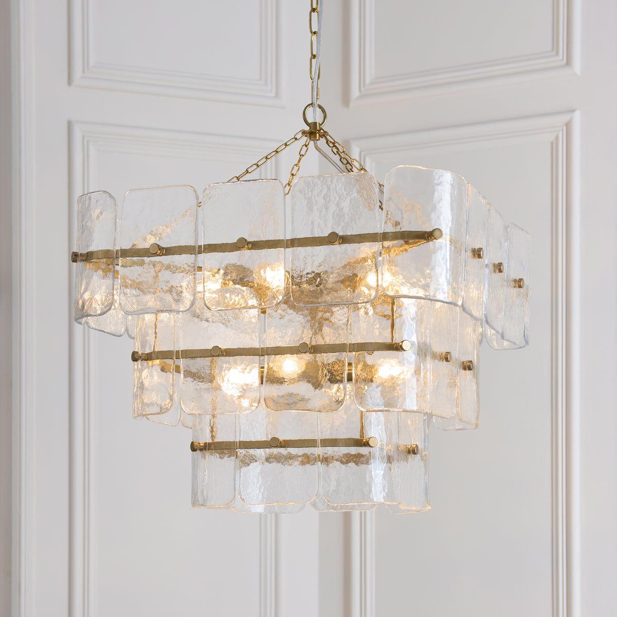 Endon Venice 10 Light Pendant - Brushed Aged Brass Plate & Clear Handmade Textured Glass