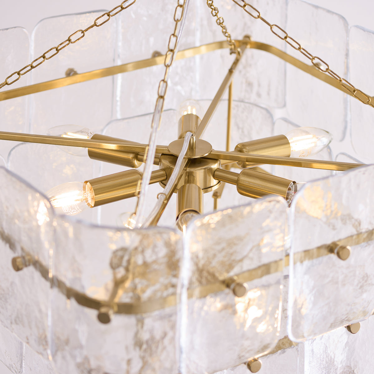 Endon Venice 10 Light Pendant - Brushed Aged Brass Plate & Clear Handmade Textured Glass