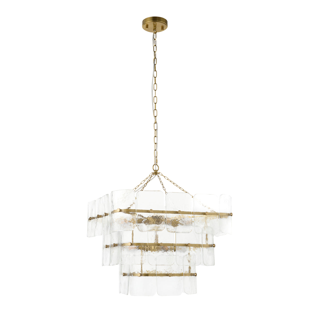Endon Venice 10 Light Pendant - Brushed Aged Brass Plate & Clear Handmade Textured Glass