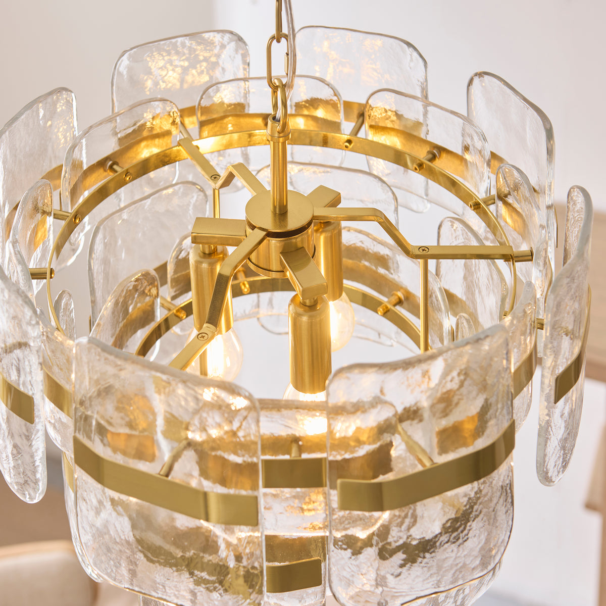Endon Ancara 3 Light Pendant - Brushed Aged Brass Plate & Clear Handmade Textured Glass