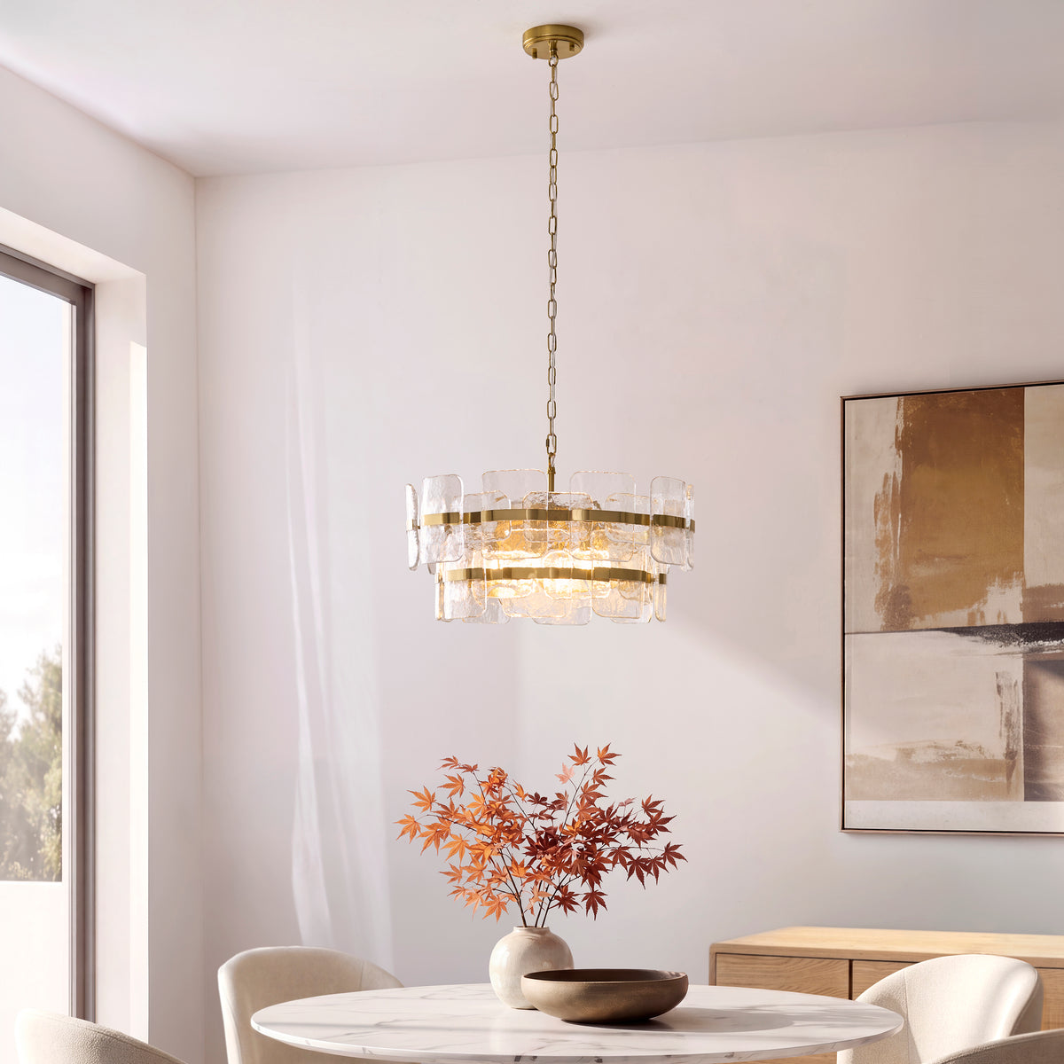 Endon Ancara 6 Light Pendant - Brushed Aged Brass Plate & Clear Handmade Textured Glass