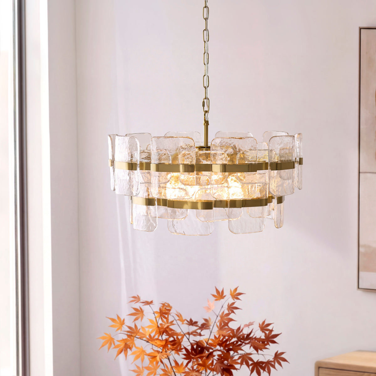 Endon Ancara 6 Light Pendant - Brushed Aged Brass Plate & Clear Handmade Textured Glass