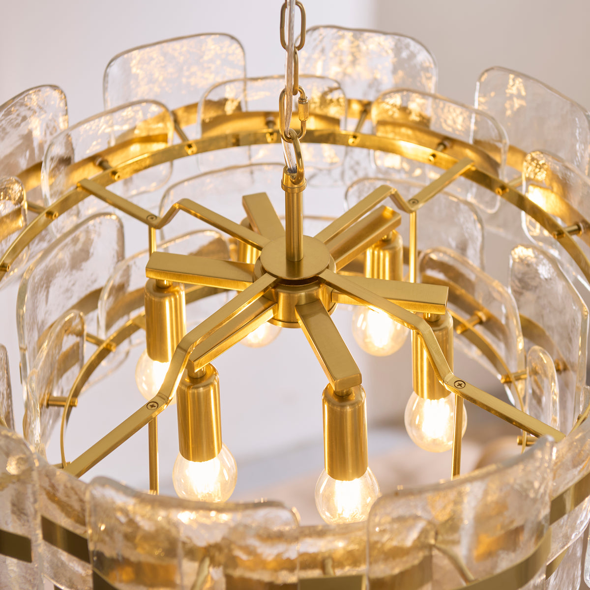 Endon Ancara 6 Light Pendant - Brushed Aged Brass Plate & Clear Handmade Textured Glass