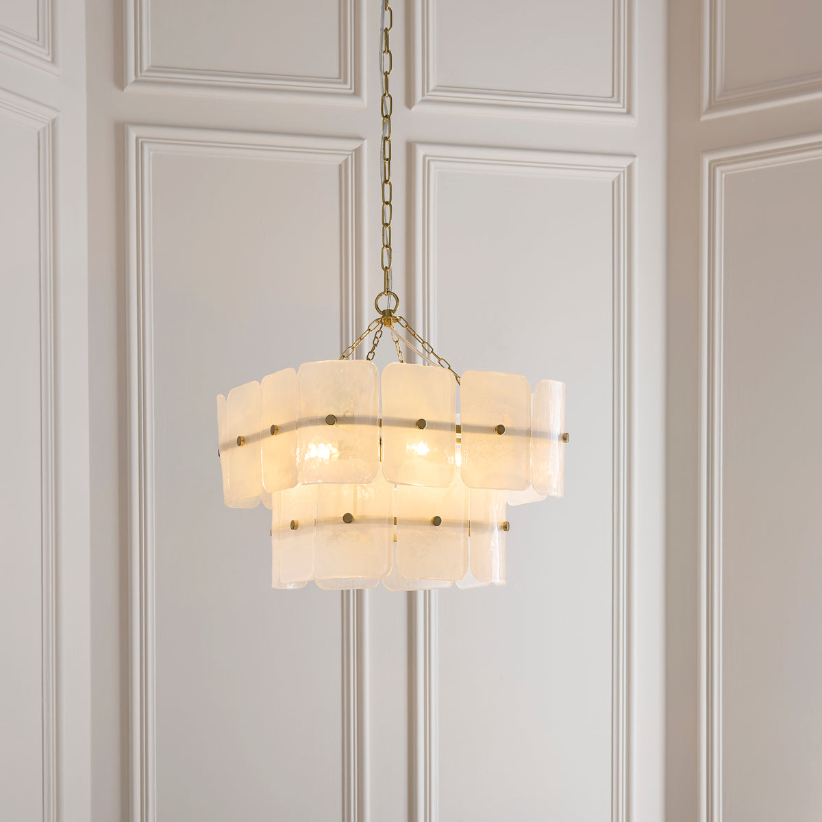 Endon Venice 4 Light Pendant - Brushed Aged Brass Plate & White Handmade Textured Glass