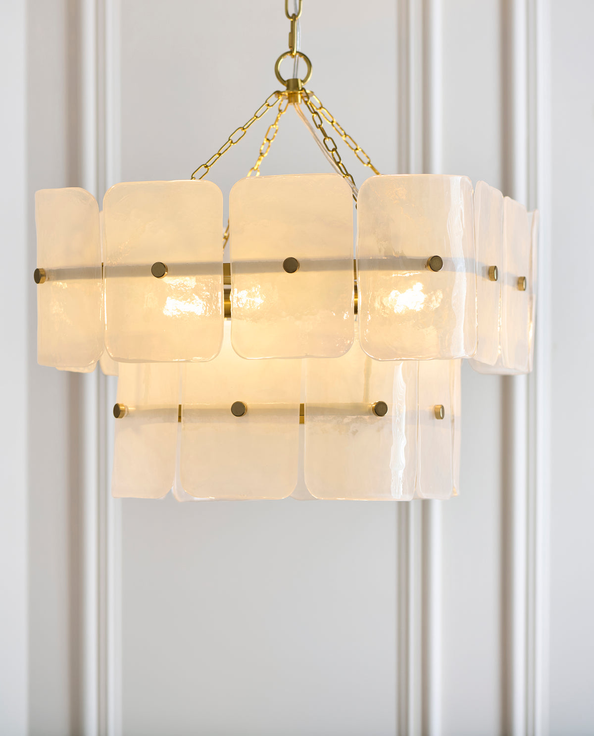 Endon Venice 4 Light Pendant - Brushed Aged Brass Plate & White Handmade Textured Glass